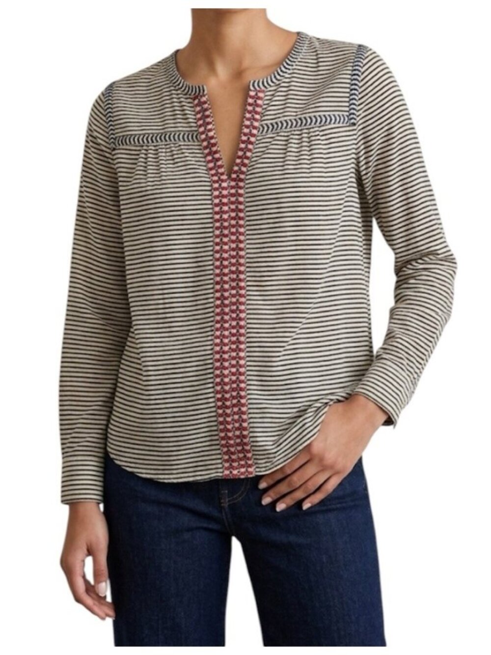 J Crew Striped Embroidered Peasant Boho Long Sleeve Pullover Blouse Size 8